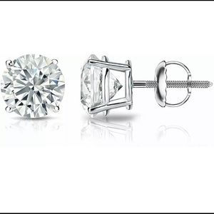 14K White Gold Four Prong Round Brilliant Moissanite Stud Earrings 4.00 Ctw DVVS